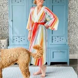 NWOT Atlantic-Pacific x LAKE Bell Robe Rainbow Stripe Cotton Small Belted